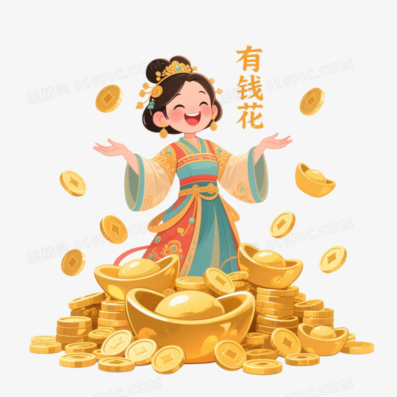 卡通一个古装美女站在金元宝里有钱花免抠元素