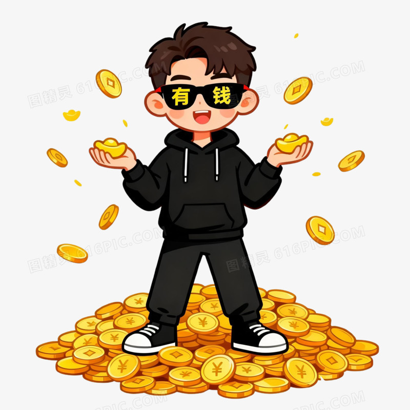 卡通手绘戴墨镜小男孩手拿金元宝免抠元素
