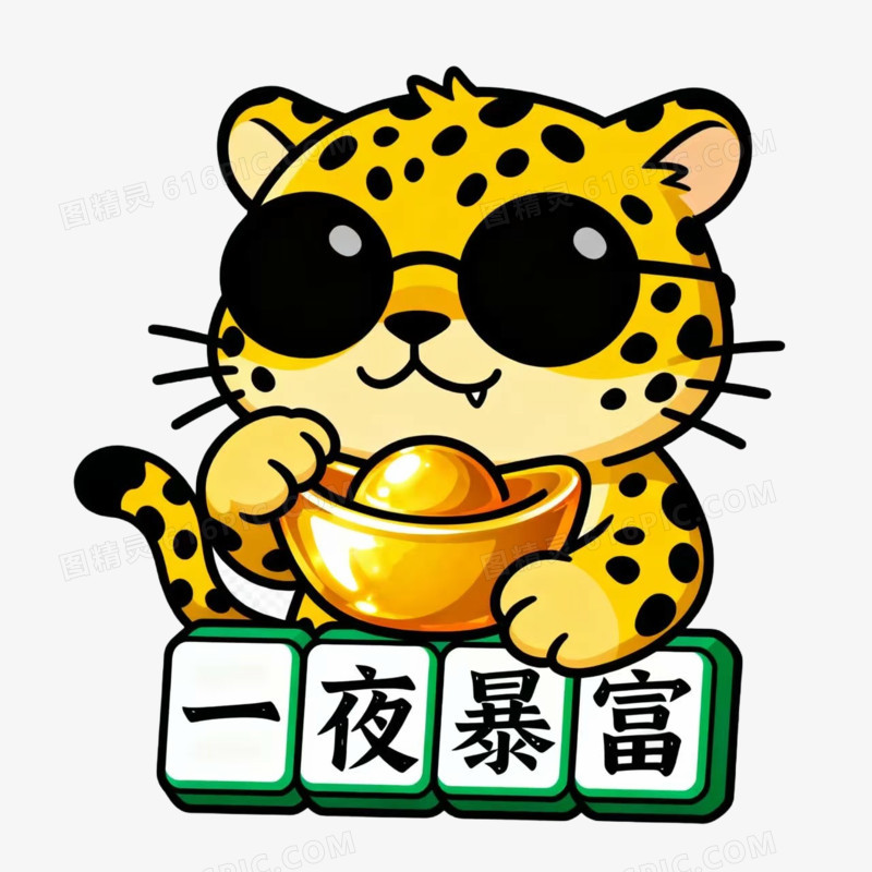 卡通手绘金钱豹手拿金元宝免抠元素