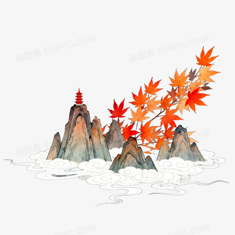 卡通手绘秋季枫叶和古建筑免抠元素