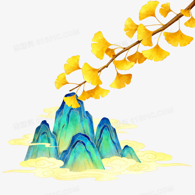 秋季银杏叶和山水免抠元素