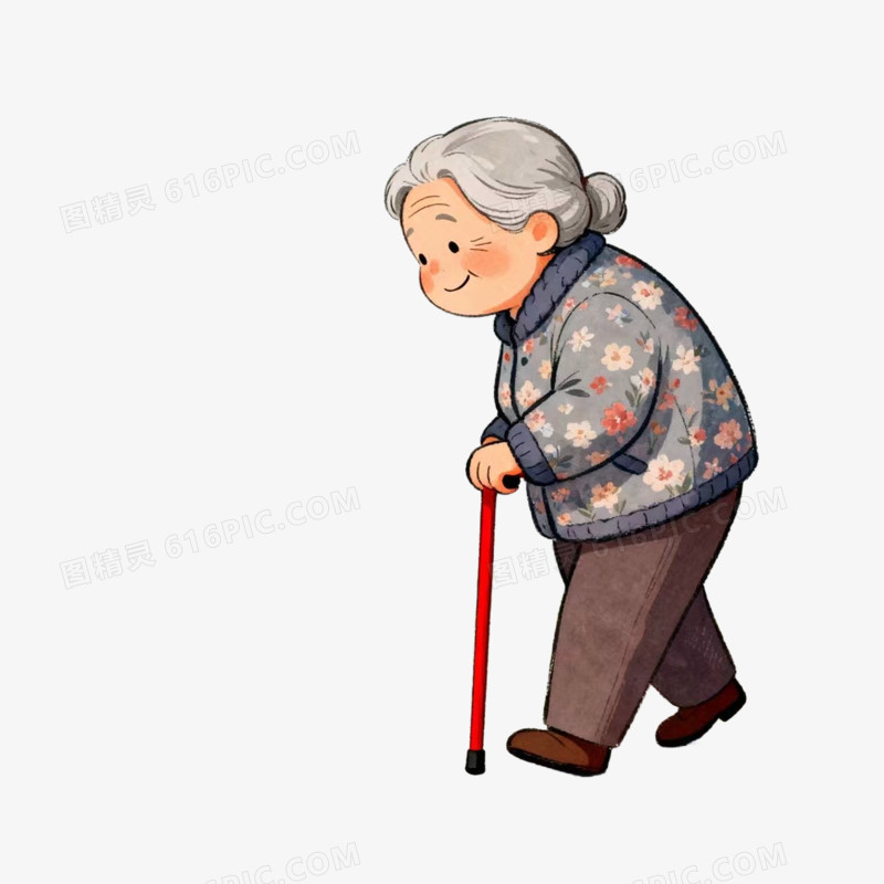 卡通手绘老奶奶散步免抠元素