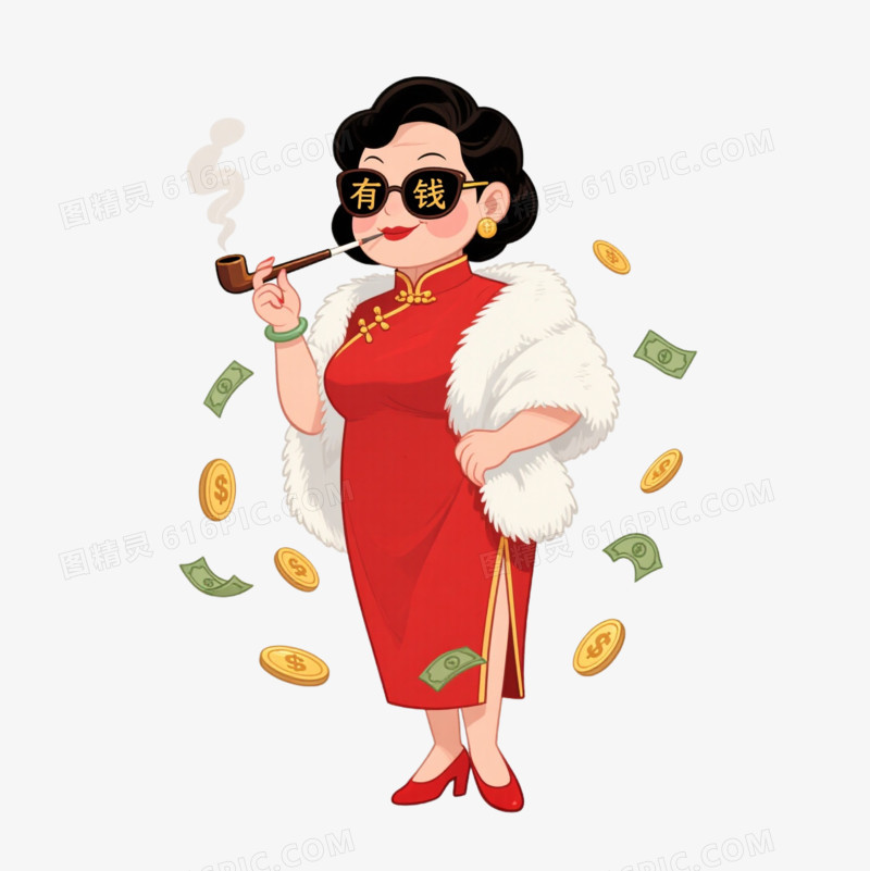 卡通一个穿着白色皮草的富婆戴着有钱墨镜免抠元素