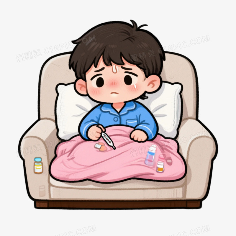 手绘男孩发烧表情