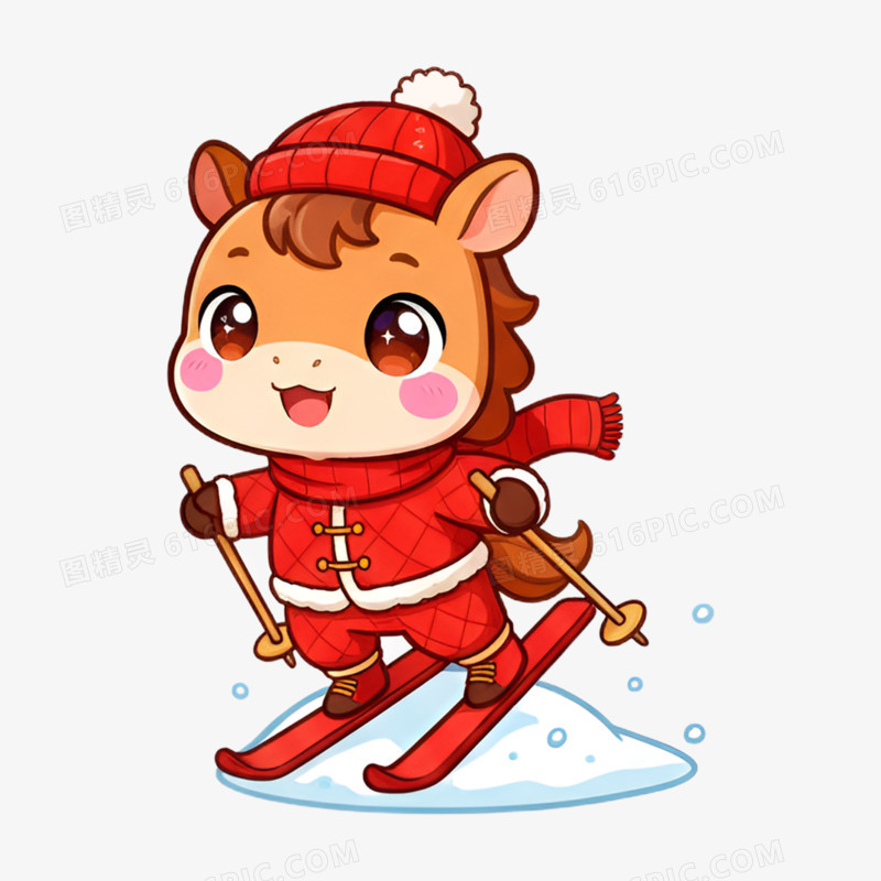 卡通手绘新年小马滑雪免抠元素