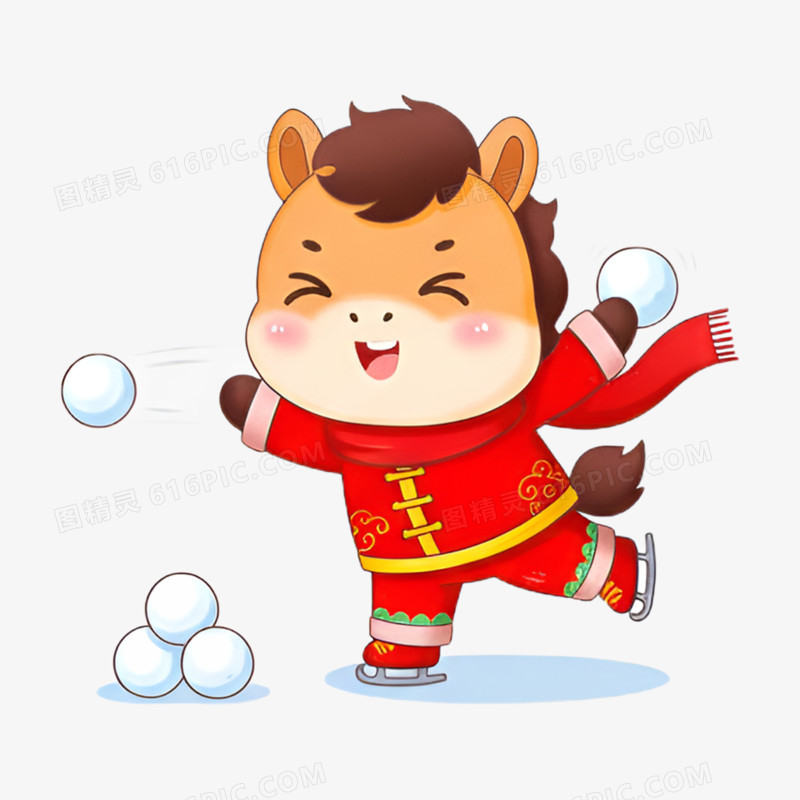 卡通手绘新年小马打雪仗免抠元素