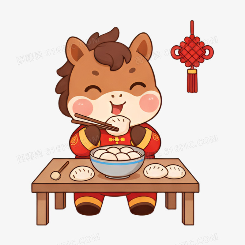 卡通手绘新年小马吃水饺免抠元素