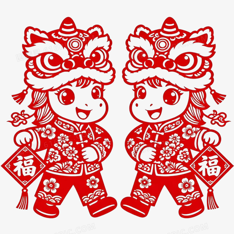 剪纸风一对马年IP形象免扣元素