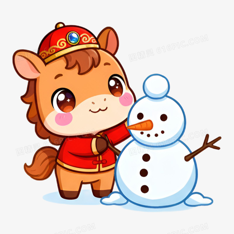 卡通手绘新年小马堆雪人免抠元素