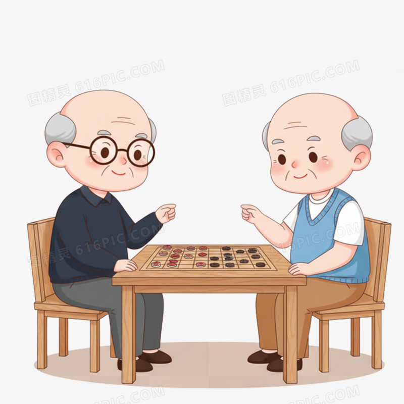 卡通手绘重阳节老人下棋免抠元素