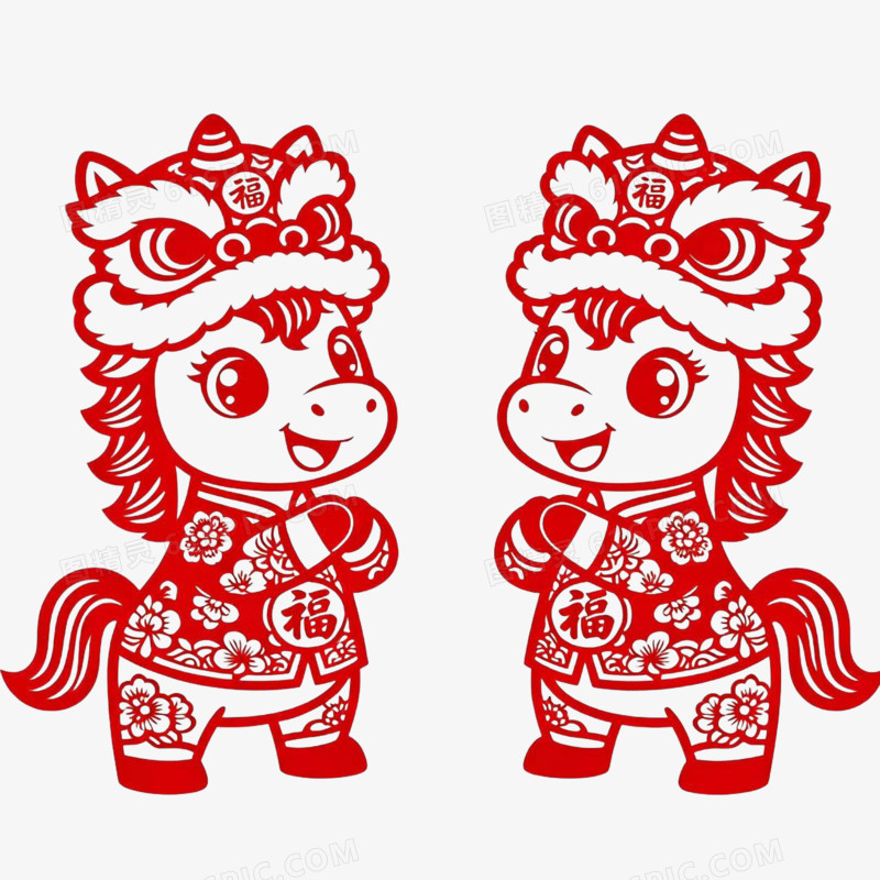 剪纸风一对马年IP形象免扣元素