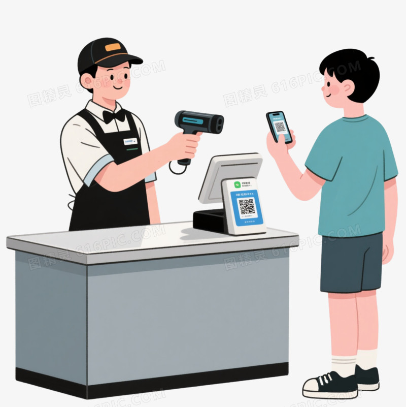 卡通收银员站在柜台后用扫码枪扫手机码免抠元素