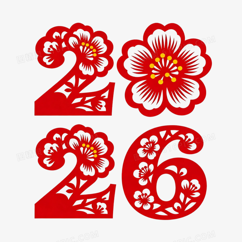 红色剪纸风数字2026艺术字