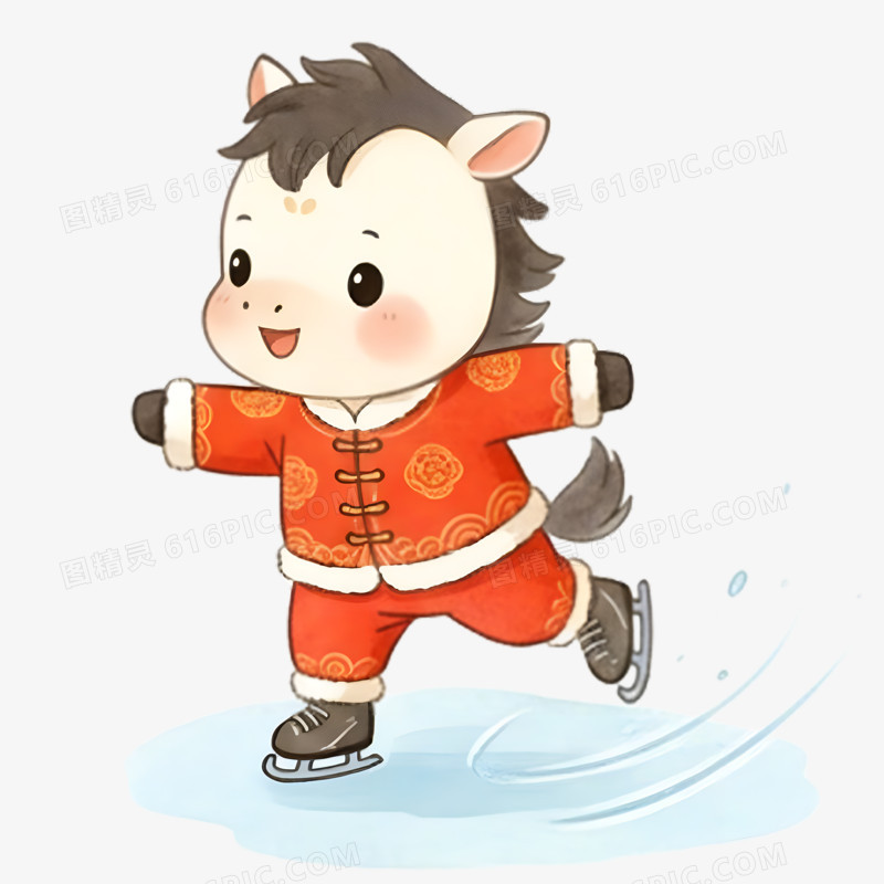 卡通水墨风小马滑冰免抠元素