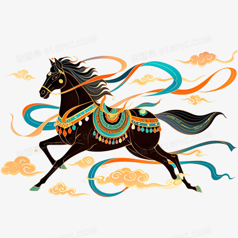 手绘插画敦煌神兽马年形象免抠元素