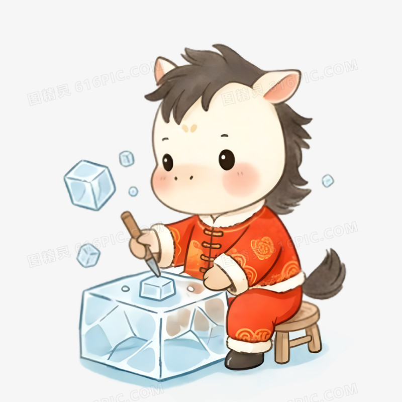 卡通水墨风小马雕冰雕免抠元素