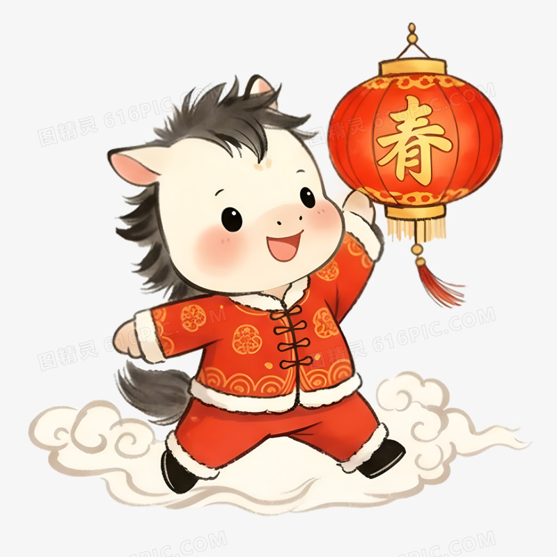 卡通水墨风小马拿着灯笼抠元素