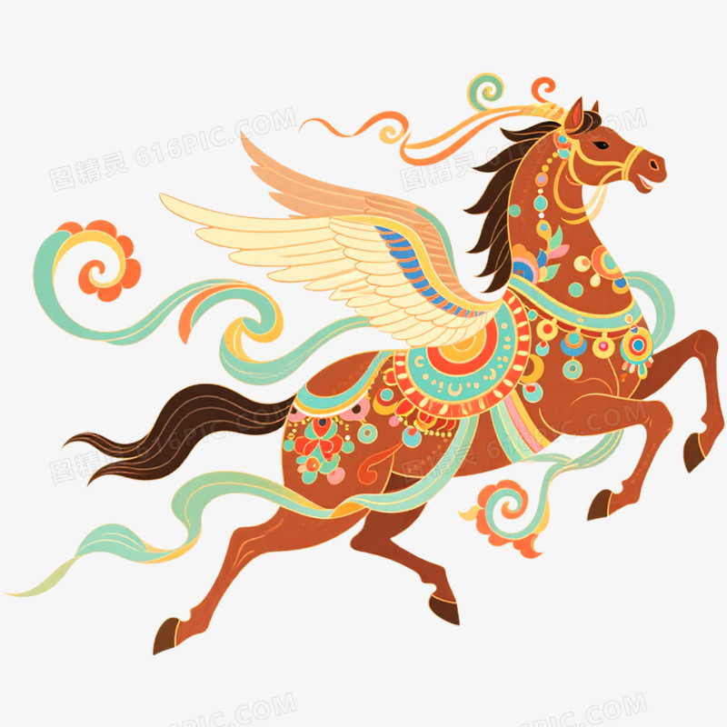 手绘插画敦煌神兽马年形象免抠元素