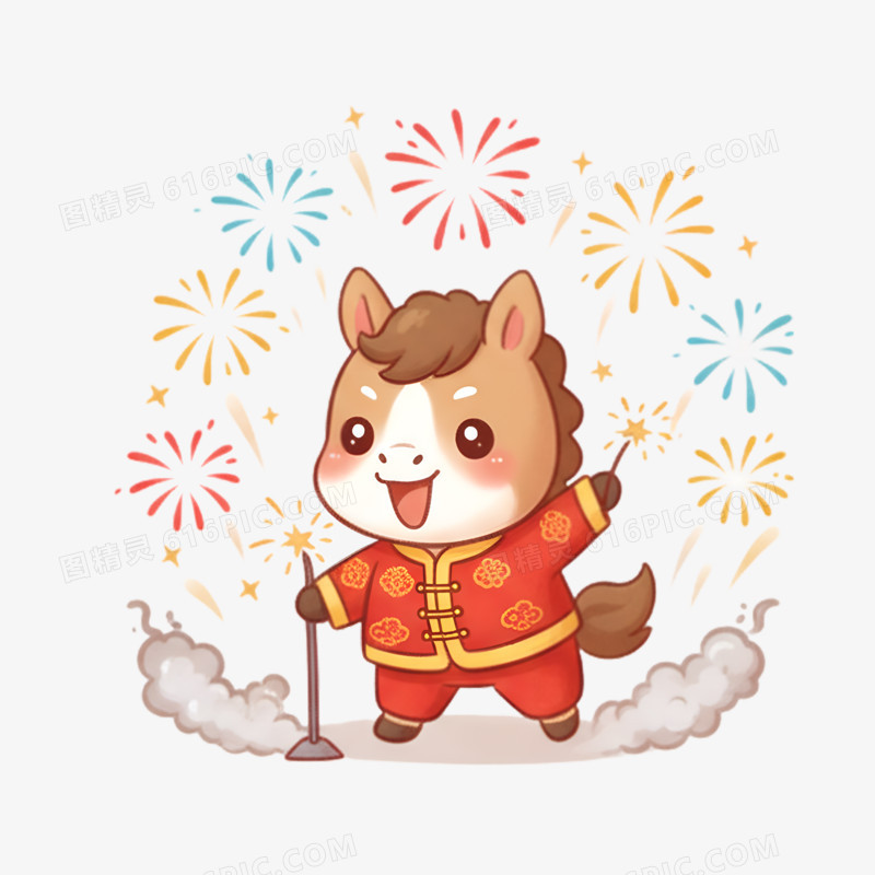 卡通手绘新年可爱小马放烟花免抠元素