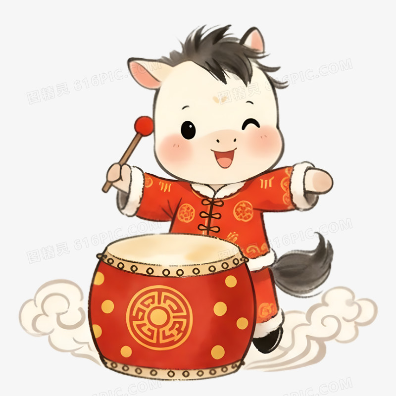 卡通水墨风小马打鼓免抠元素