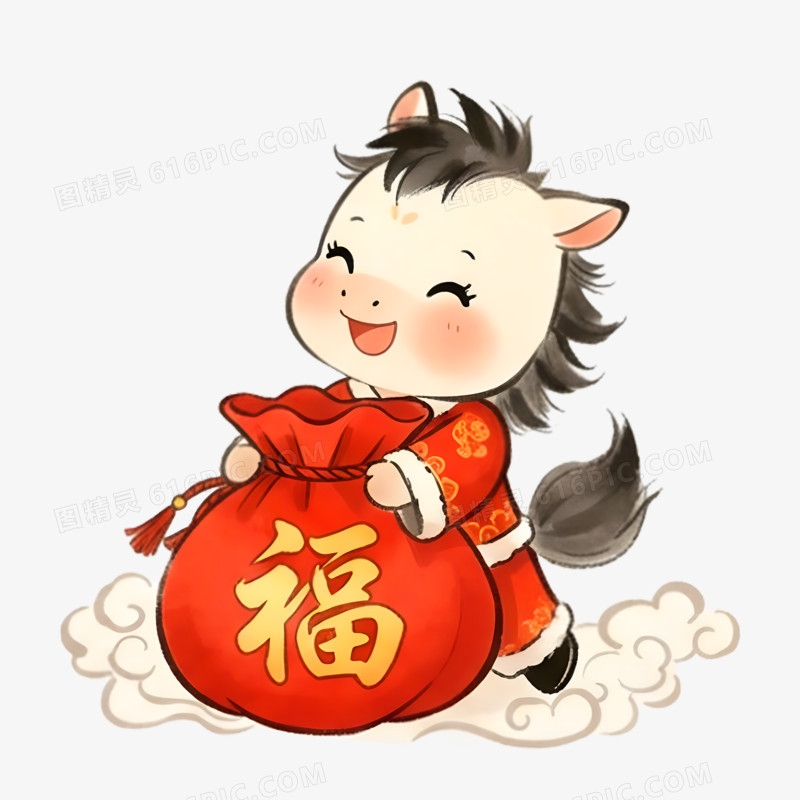 卡通水墨风小马抱着福袋免抠元素