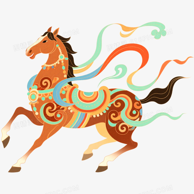 手绘插画敦煌神兽马年形象免抠元素