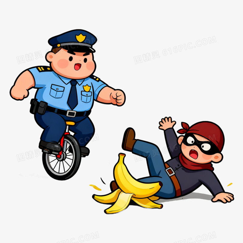 卡通手绘风警察抓劫匪免抠元素