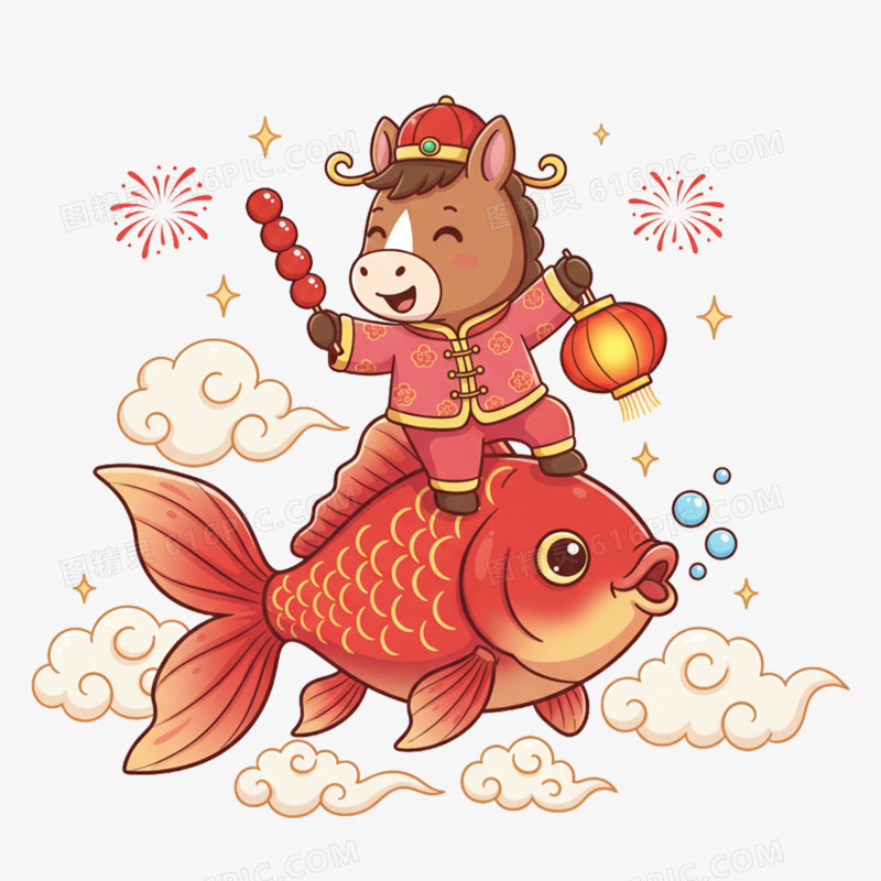 2026马年生肖与金鱼庆祝新年免抠元素