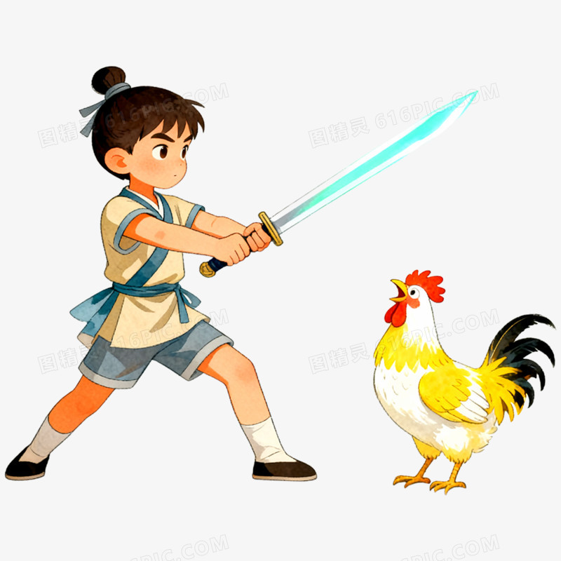 手绘插画闻鸡起舞免抠元素