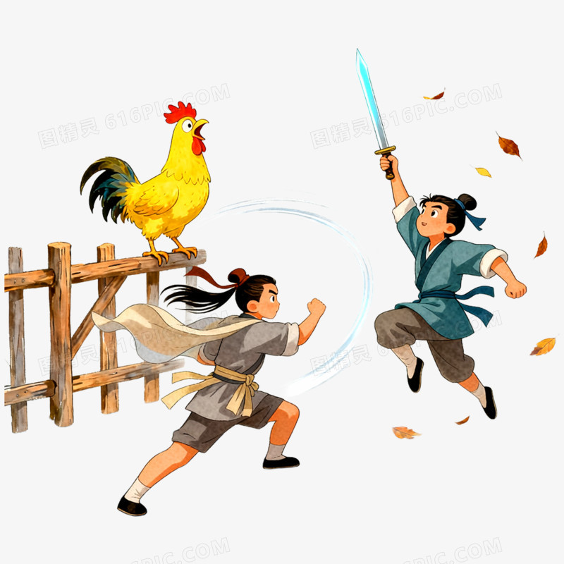手绘插画闻鸡起舞免抠元素