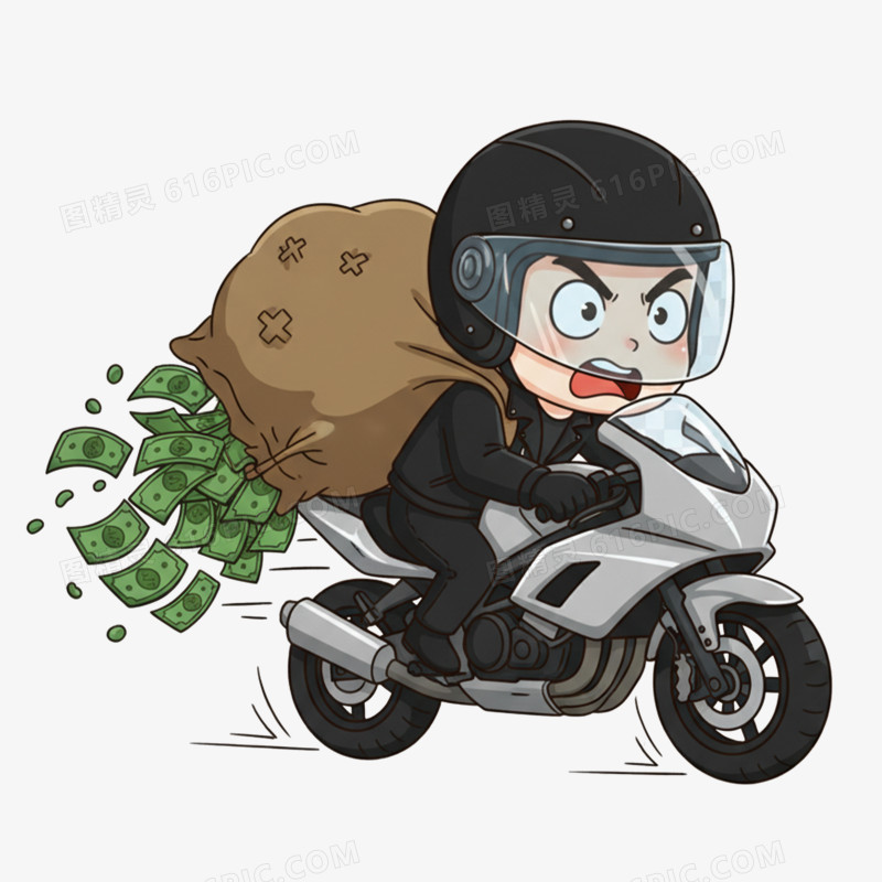 卡通手绘抢钱骑摩托的劫匪免抠元素