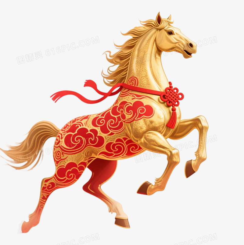 3D卡通一匹身上有着红色祥云图案的金色马免抠元素