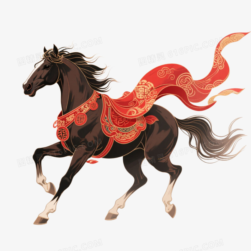 卡通身披红色丝绸的马免抠元素