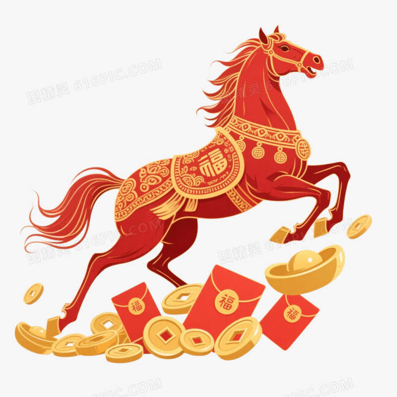 卡通一匹踩在金币红包奔跑的免抠元素