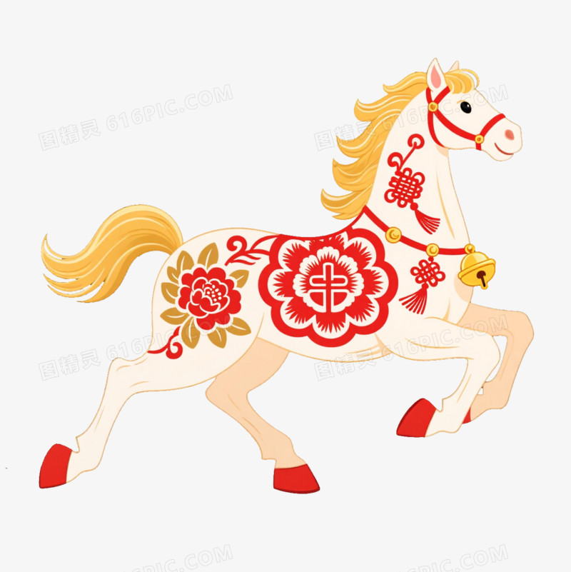 卡通身上有着中国结牡丹花的马免抠元素