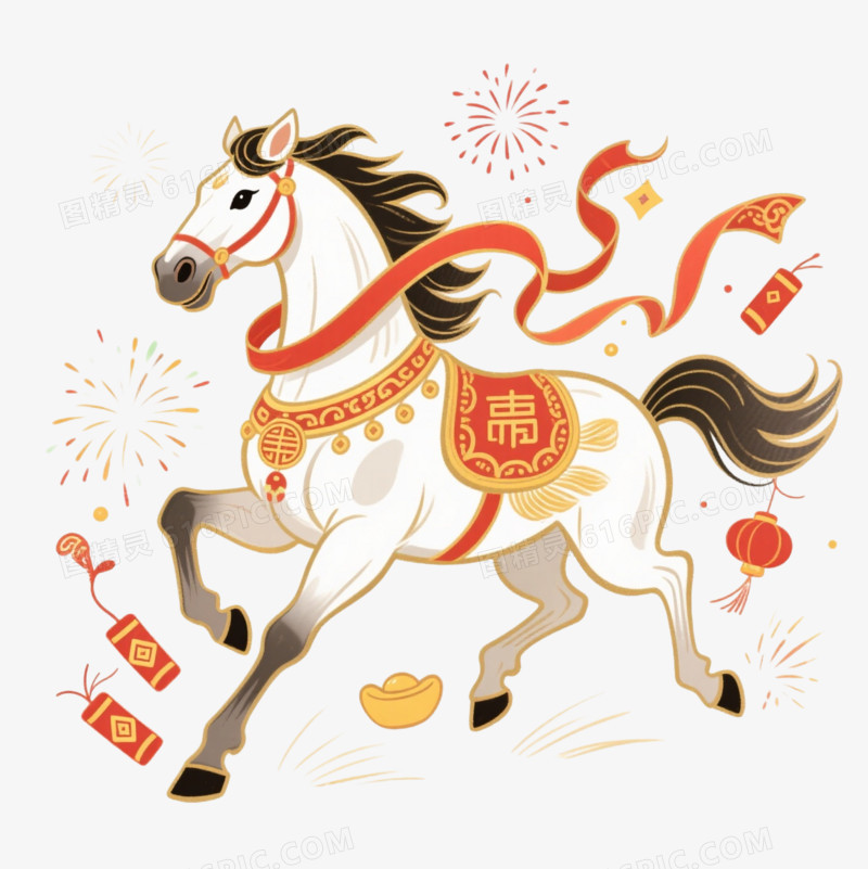 卡通身披彩带的白马免抠元素