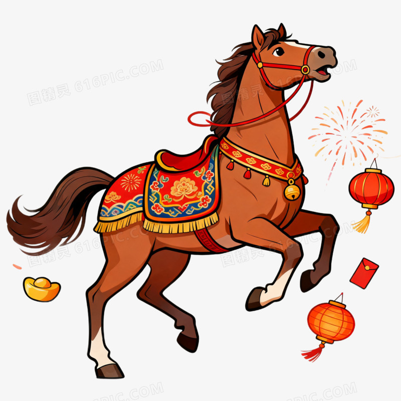 卡通一个身披中国元素的棕色马免抠元素