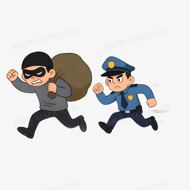 卡通手绘警察抓小偷免抠元素