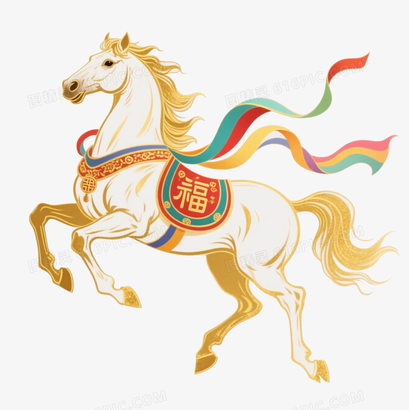 卡通一匹有彩色飘逸丝带和马鞍上有福字的马免抠元素