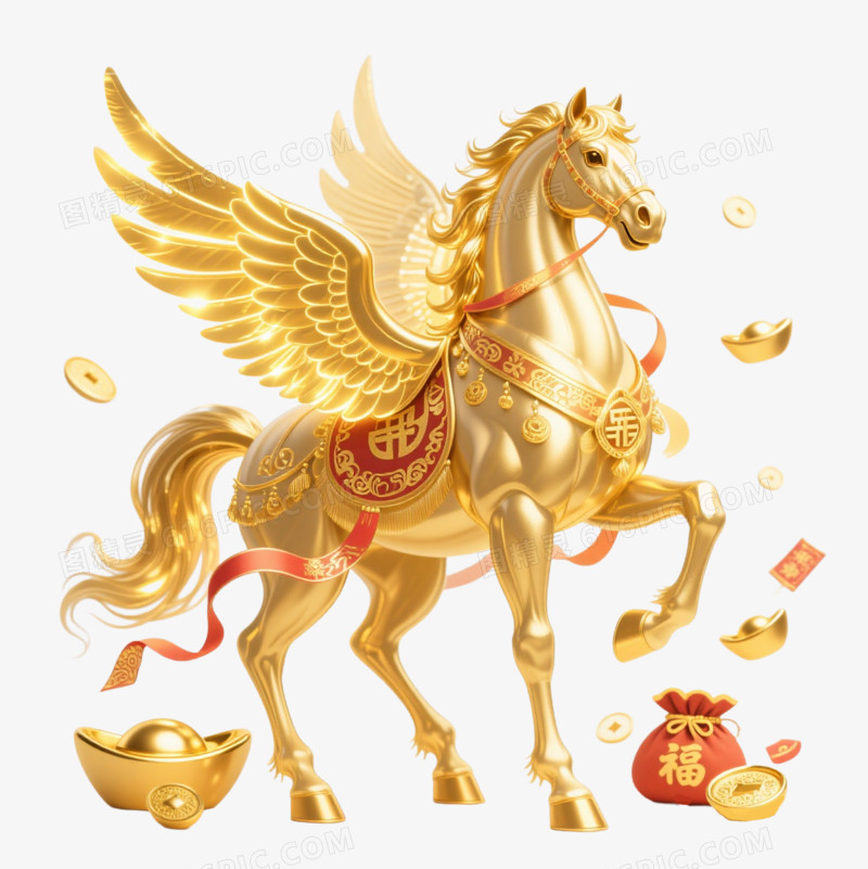 3D卡通一匹有金色发光翅膀的马免抠元素
