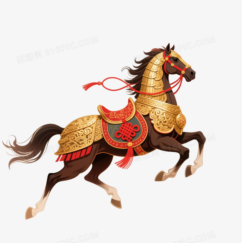 3D卡通一匹身披金色铠甲中国结的马免抠元素