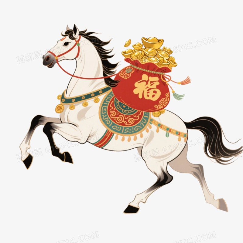 卡通背上驮着一袋金元宝的马免抠元素