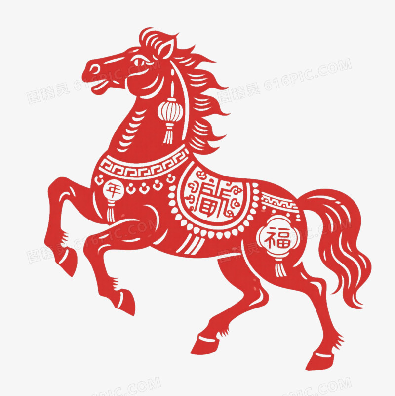红色剪纸一匹马免抠元素