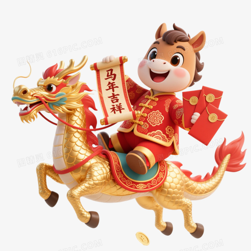 3D创意骑着金龙的小马马年形象IP免抠元素