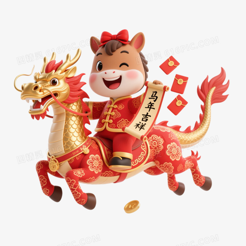 3D创意骑着金龙的小马马年形象IP免抠元素