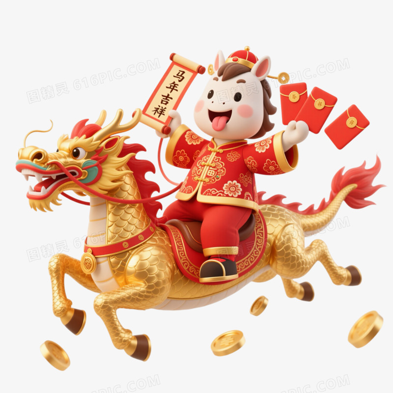3D创意骑着金龙的小马马年形象IP免抠元素