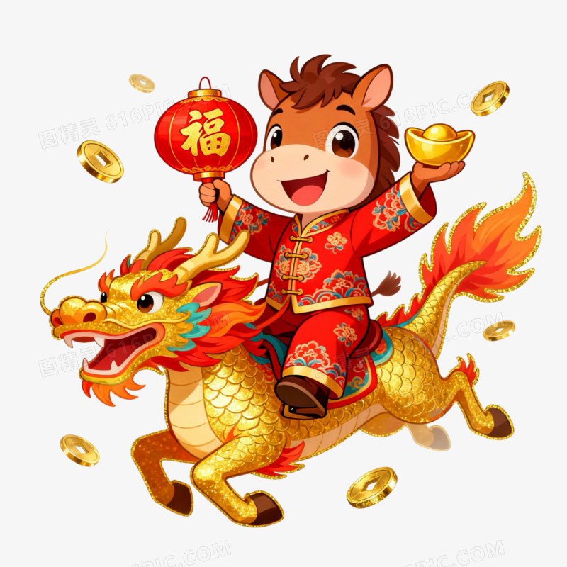 喜庆插画风创意马年骑着金龙的小马形象IP免抠元素