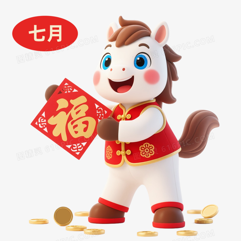 3D卡通马年IP形象日历七月免抠元素