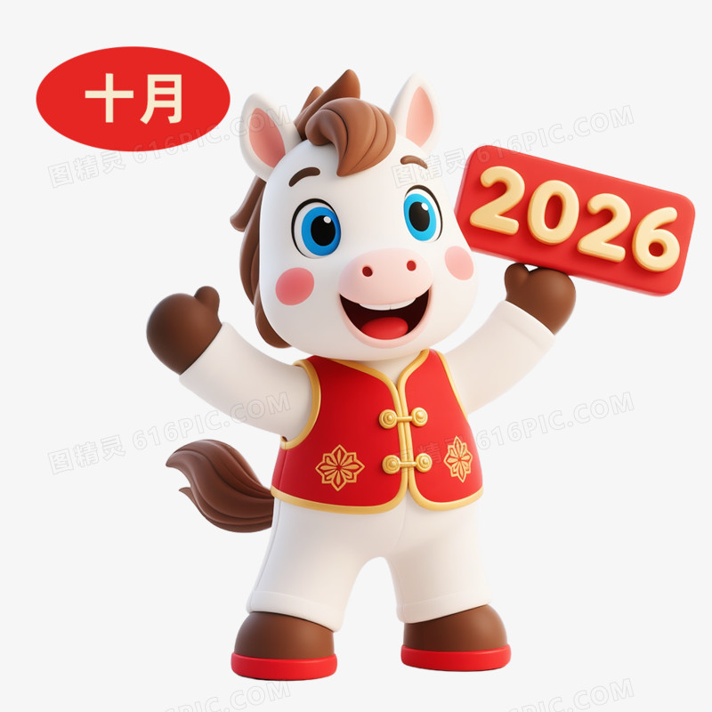 3D卡通马年IP形象日历十月免抠元素