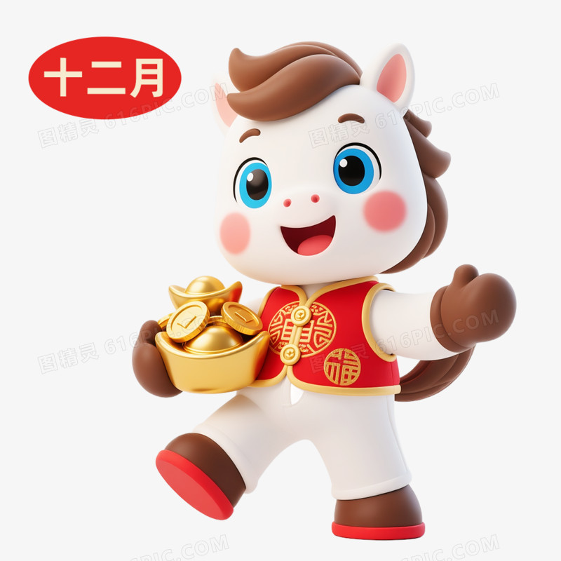 3D卡通马年IP形象日历十二免抠元素